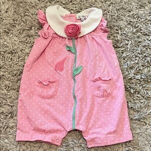 Le Top Pink Polka Dot Flower Romper, Size 6 Months